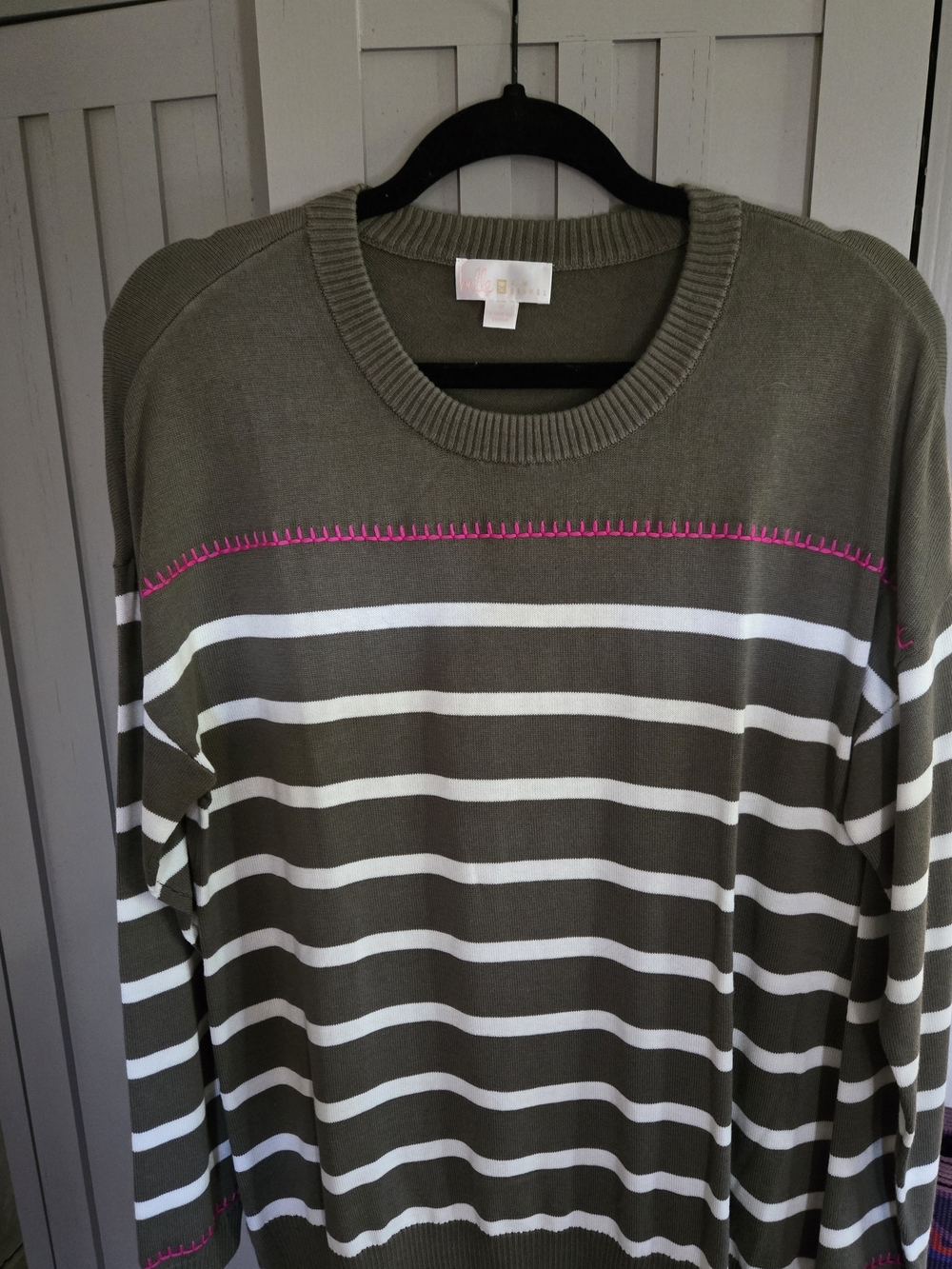 Belle by Kim Gravel Olive and White Striped Crewneck Sweater with Pink Stitching